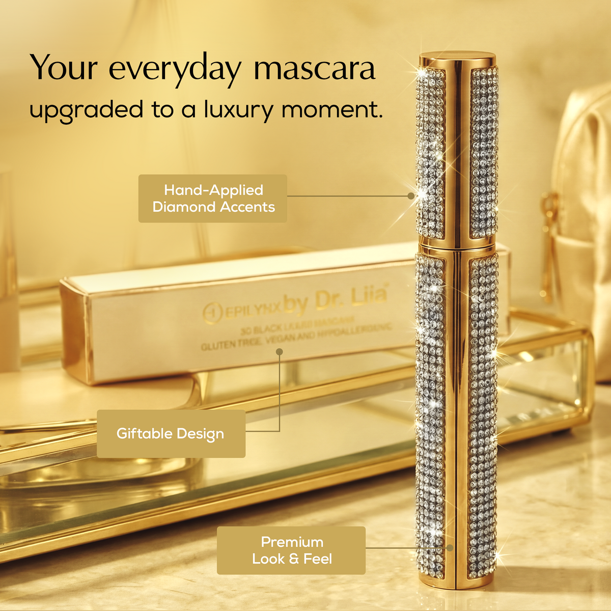 Mega Volume Vegan Mascara Black and Blue – Smudge-Proof with Handmade Diamond Case