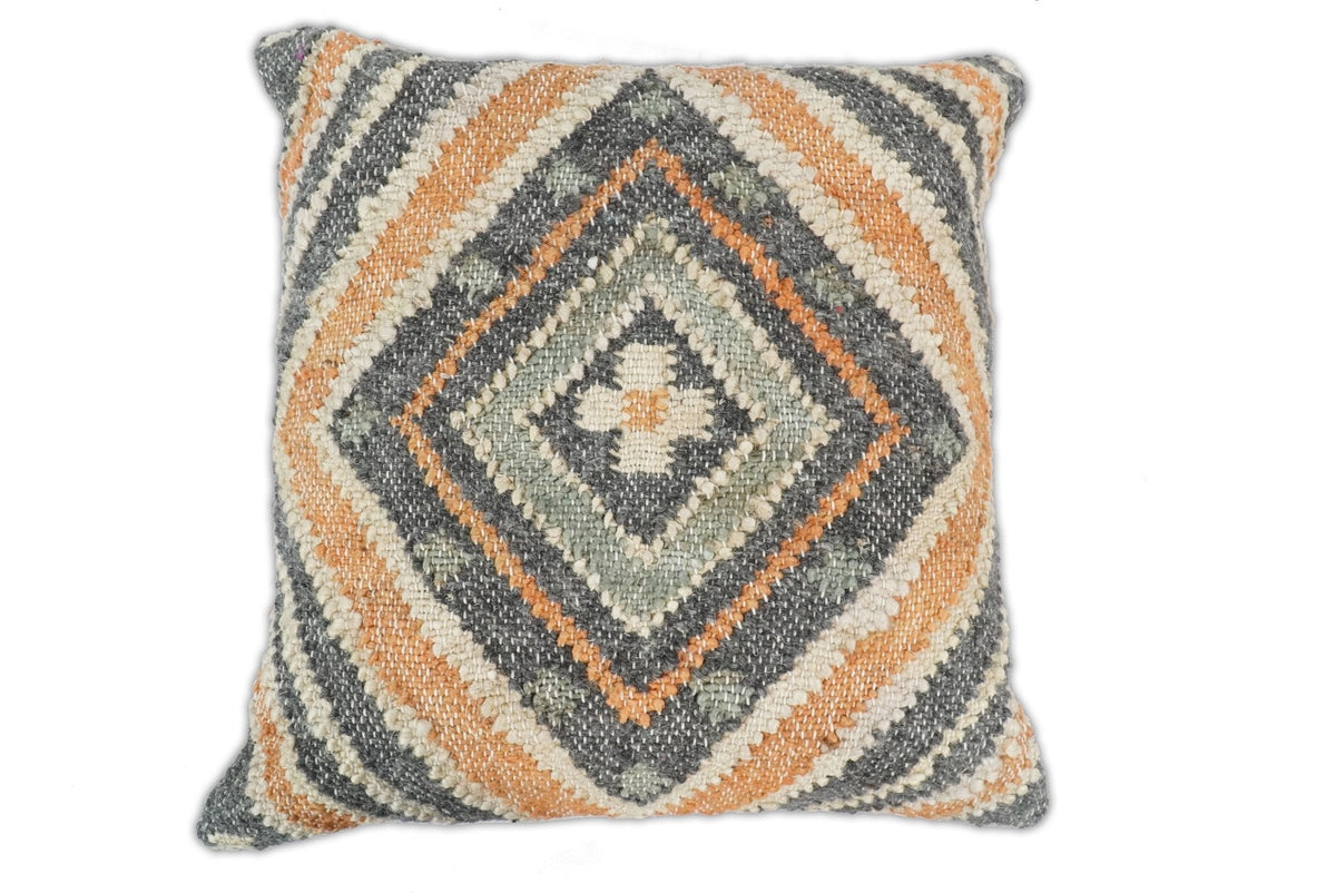 Hand Woven Boho Rust and Charcoal Jute and Wool Tribal Accent Pillow, Cushion | PL11