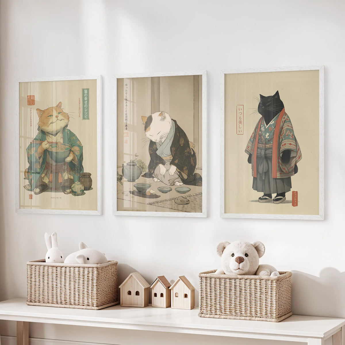 Japanese Ukiyo-e Style Cat Wall Art Set of 3. Tea Ceremony