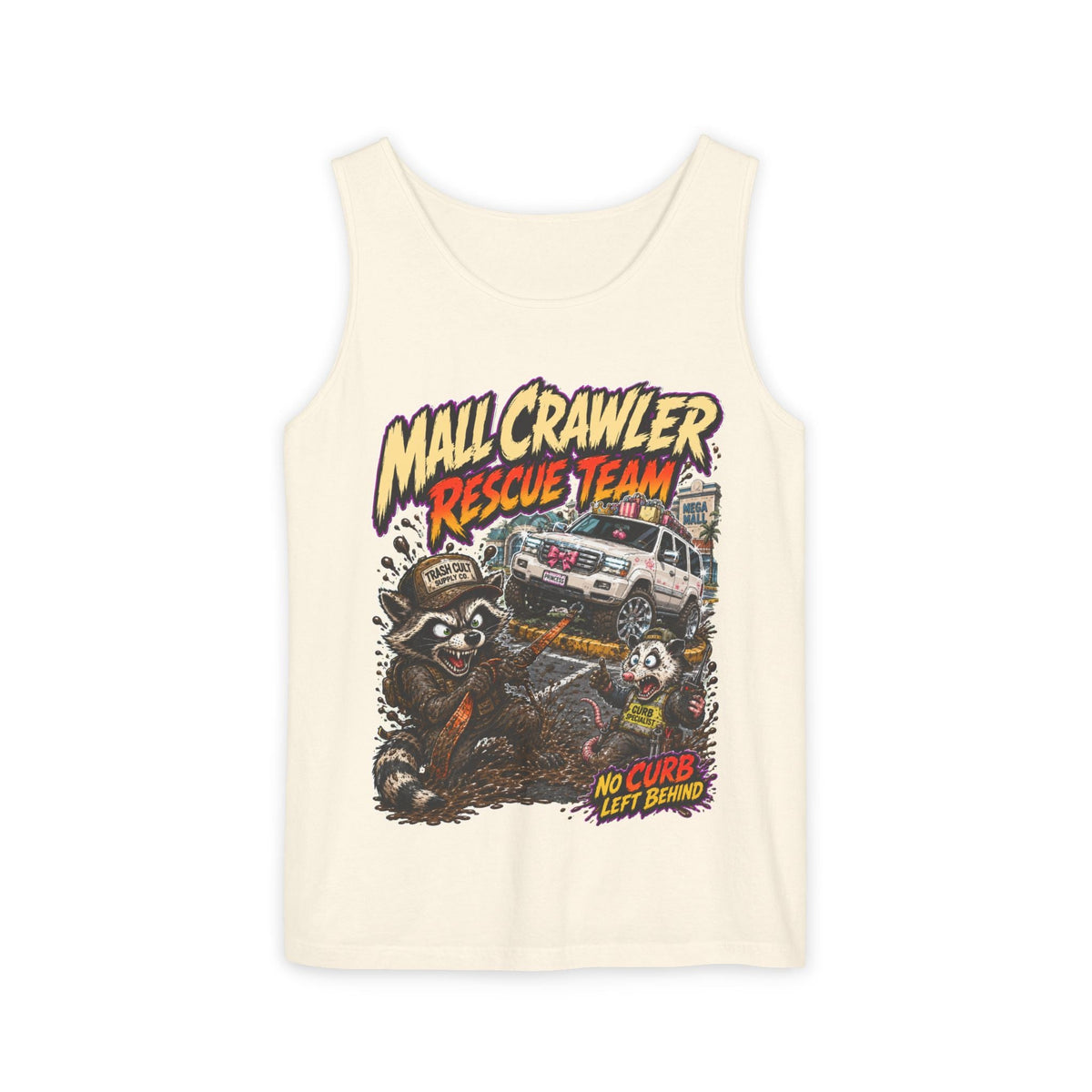 Mall Crawler Rescue Team Tank Top – Funny Raccoon Off-Road Graphic Tank