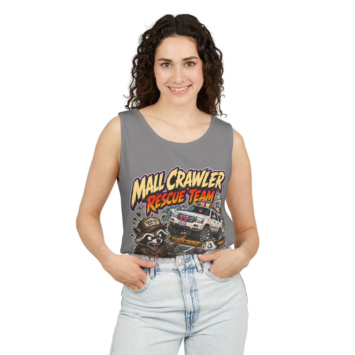 Mall Crawler Rescue Team Tank Top – Funny Raccoon Off-Road Graphic Tank