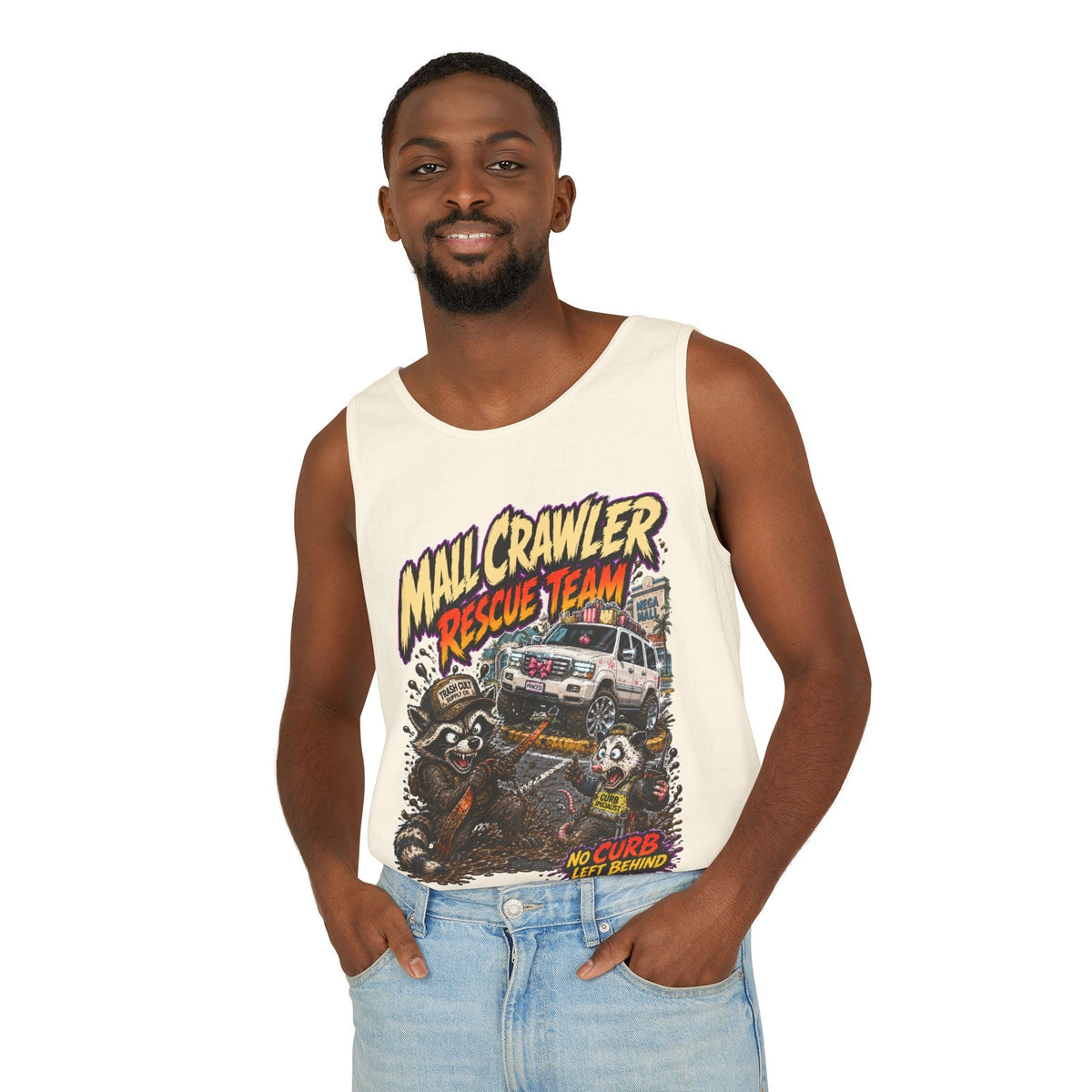 Mall Crawler Rescue Team Tank Top – Funny Raccoon Off-Road Graphic Tank