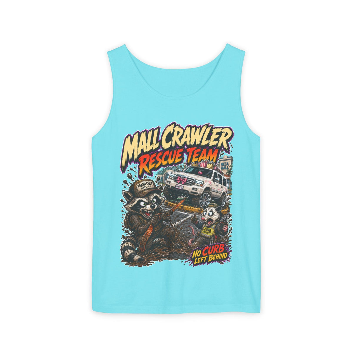Mall Crawler Rescue Team Tank Top – Funny Raccoon Off-Road Graphic Tank