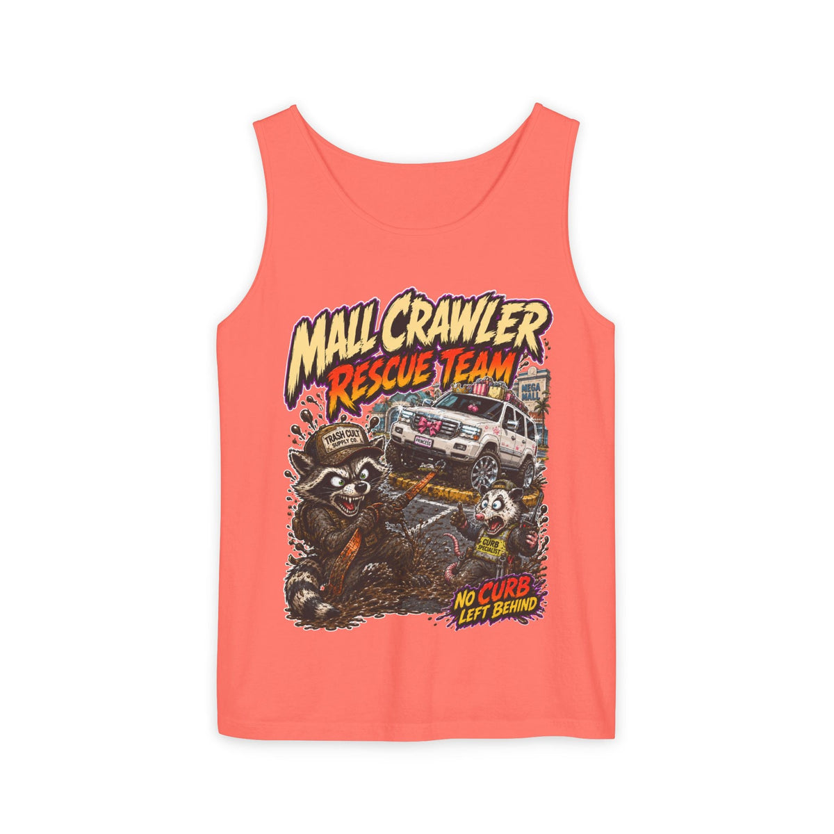 Mall Crawler Rescue Team Tank Top – Funny Raccoon Off-Road Graphic Tank