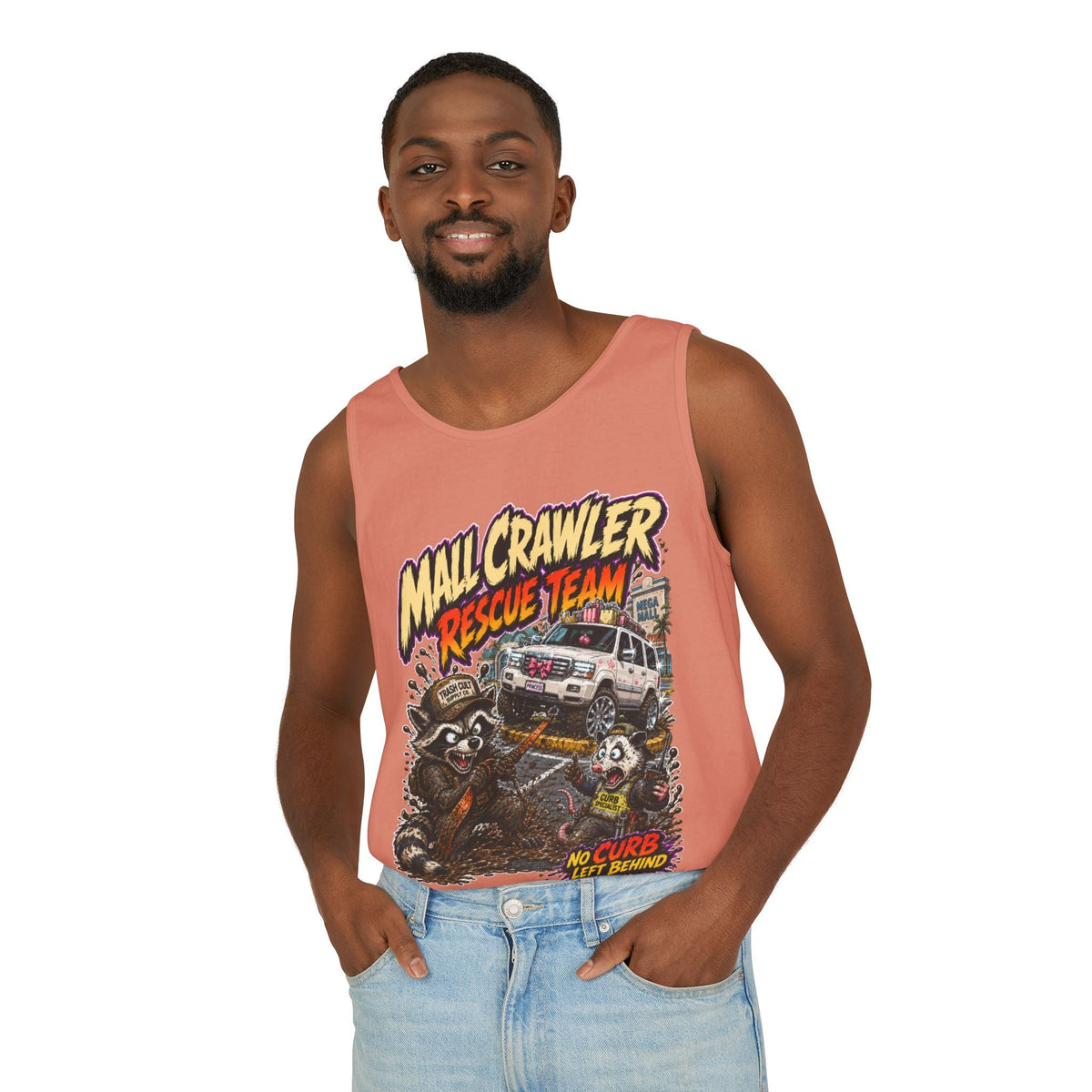 Mall Crawler Rescue Team Tank Top – Funny Raccoon Off-Road Graphic Tank
