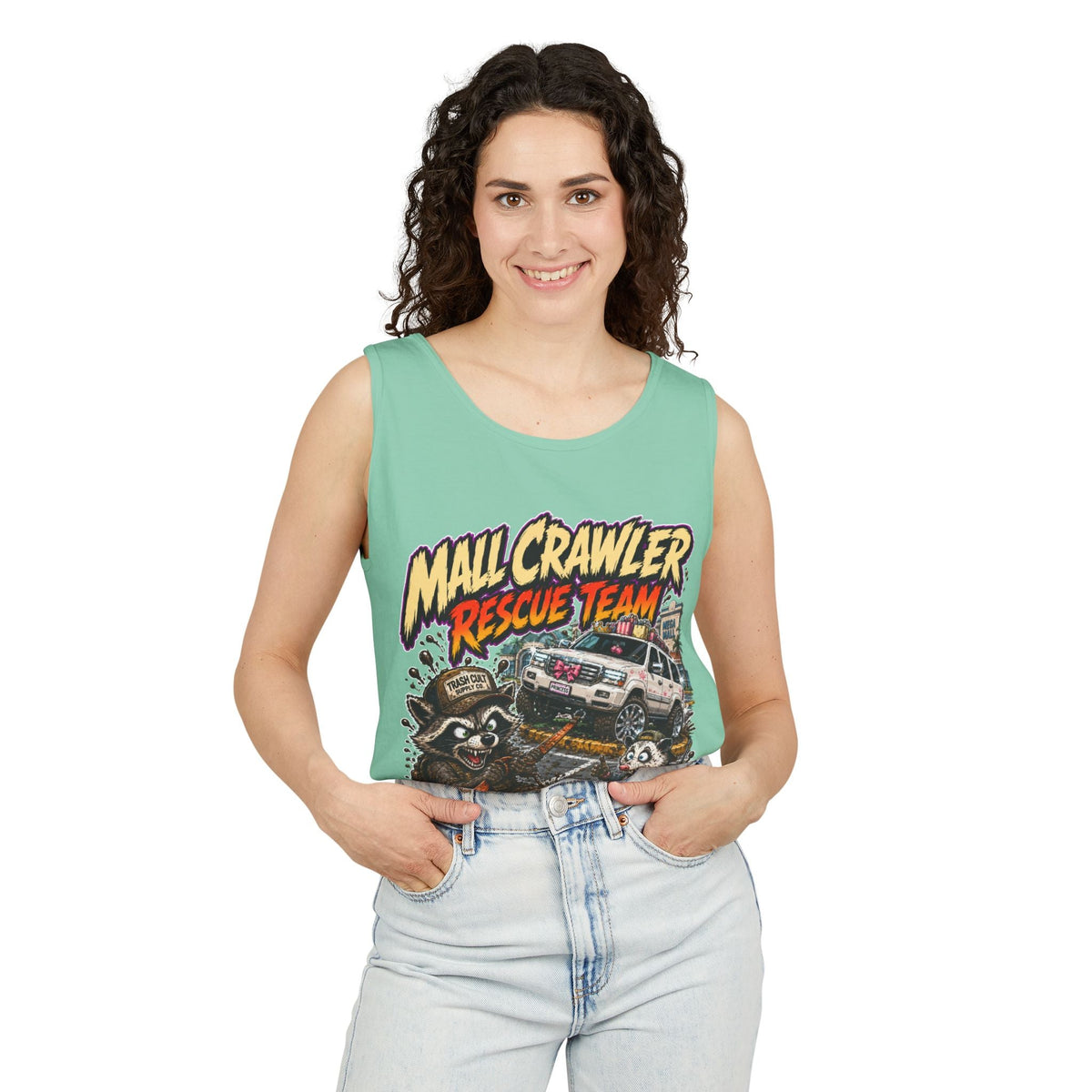 Mall Crawler Rescue Team Tank Top – Funny Raccoon Off-Road Graphic Tank