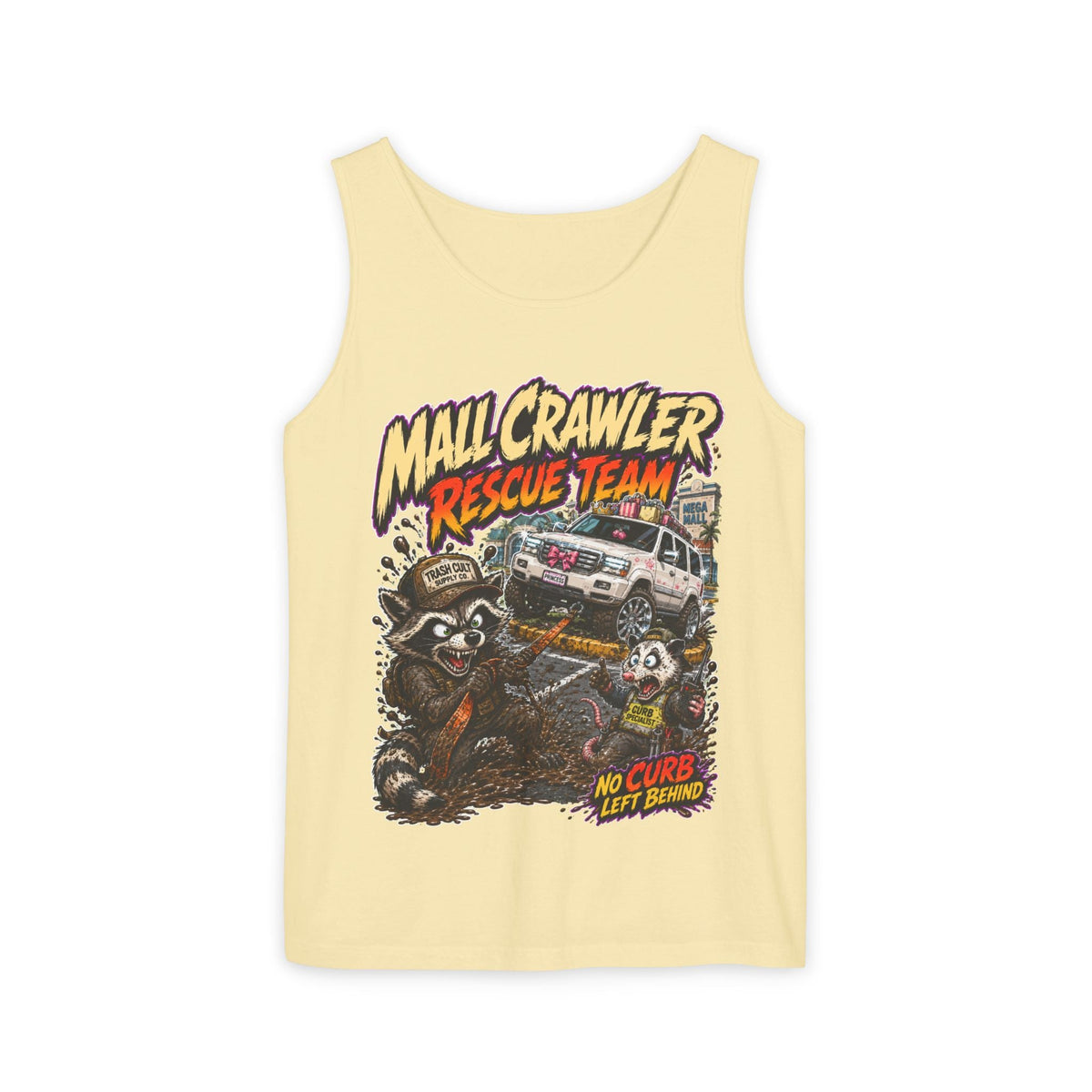 Mall Crawler Rescue Team Tank Top – Funny Raccoon Off-Road Graphic Tank