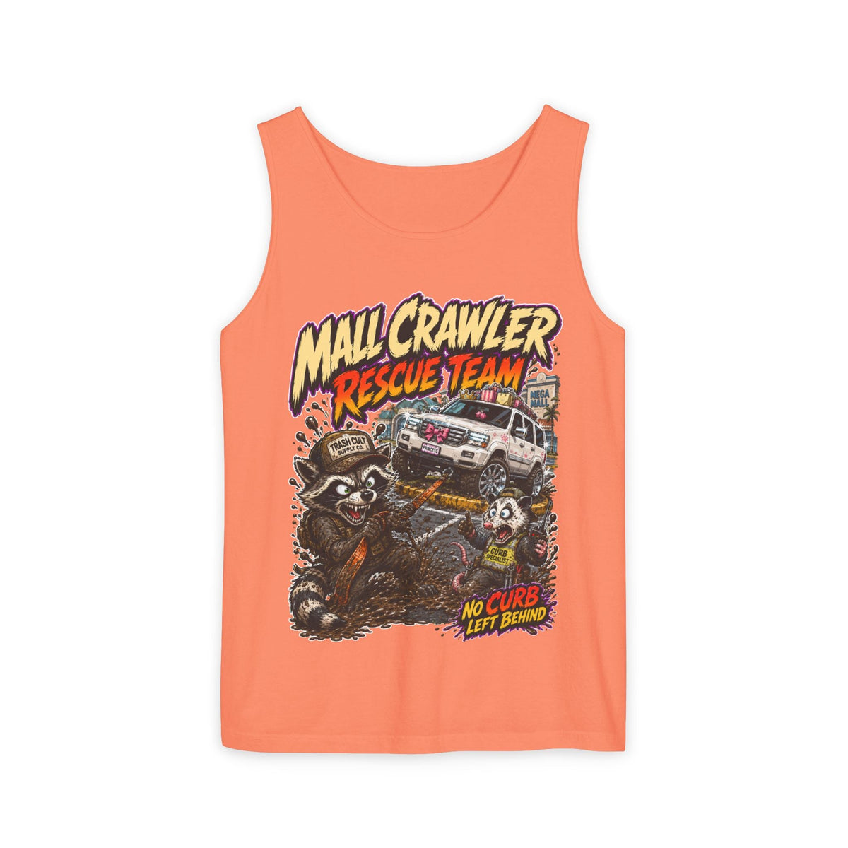 Mall Crawler Rescue Team Tank Top – Funny Raccoon Off-Road Graphic Tank
