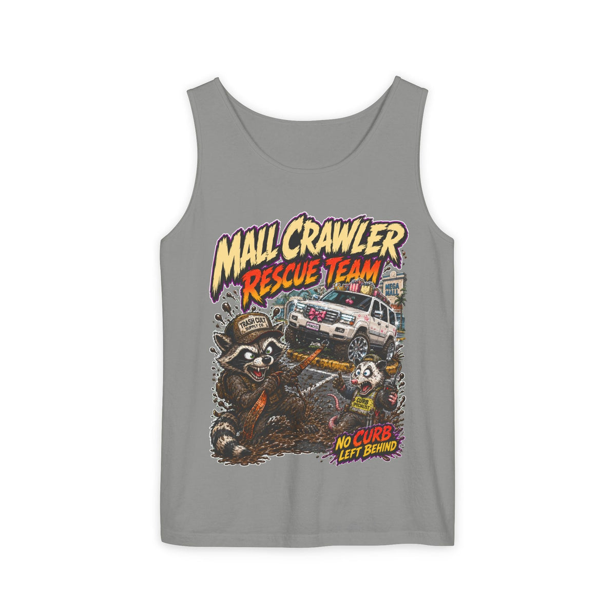 Mall Crawler Rescue Team Tank Top – Funny Raccoon Off-Road Graphic Tank