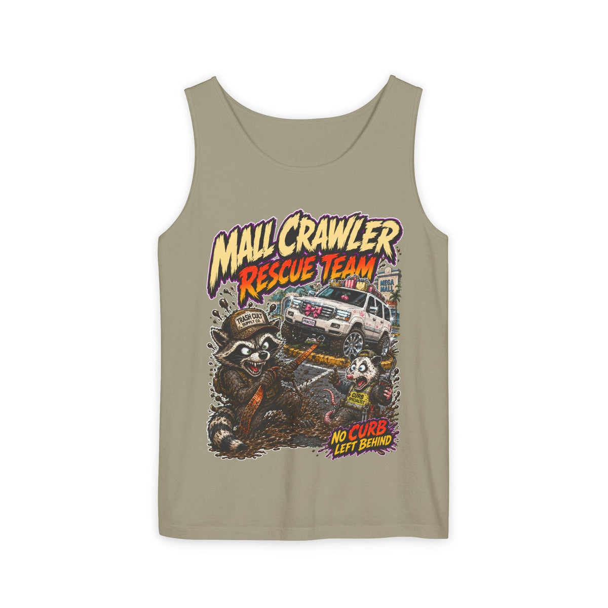 Mall Crawler Rescue Team Tank Top – Funny Raccoon Off-Road Graphic Tank