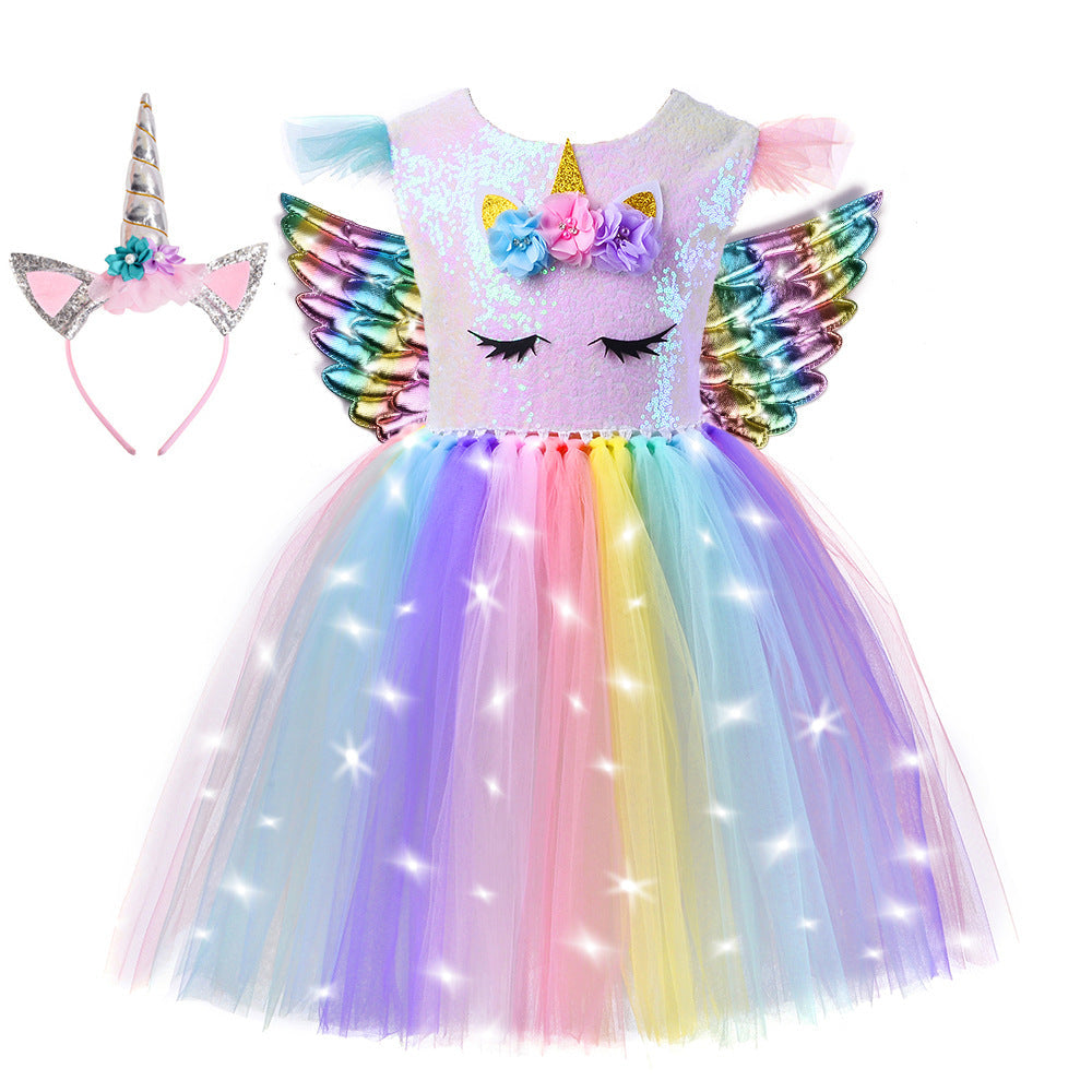 Unicorn Light-Up Princess Dress for Girls, Tulle Party Dress, Stage Costume, Frozen-Themed Outfit