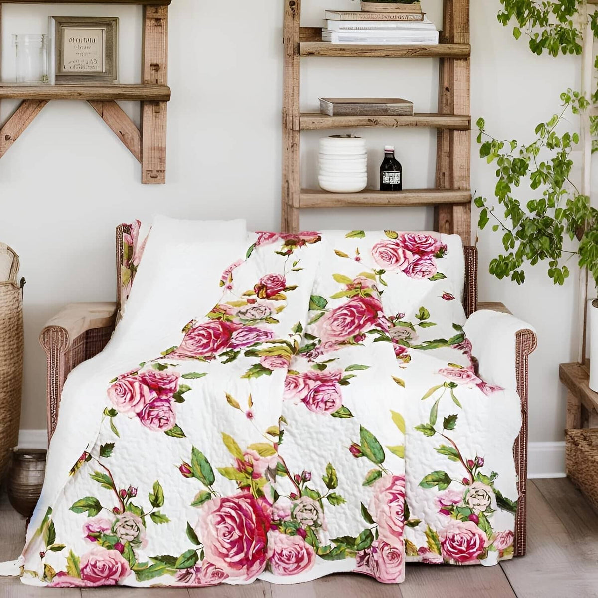 DaDa Bedding Romantic Roses Floral Throw Blanket - Lovely Spring Pink &amp; White Scalloped Colorful Lightweight Breathable - Bright Vibrant Quilted Throw Blanket - 50 x 60