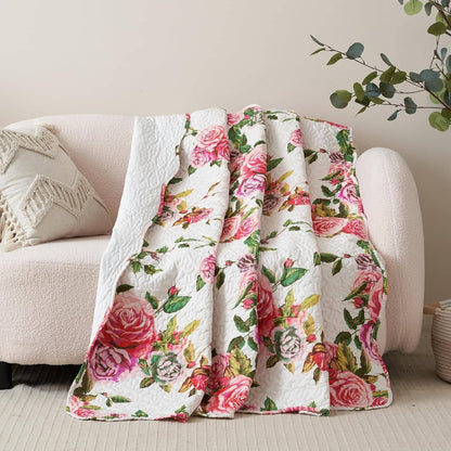 DaDa Bedding Romantic Roses Floral Throw Blanket - Lovely Spring Pink &amp; White Scalloped Colorful Lightweight Breathable - Bright Vibrant Quilted Throw Blanket - 50 x 60