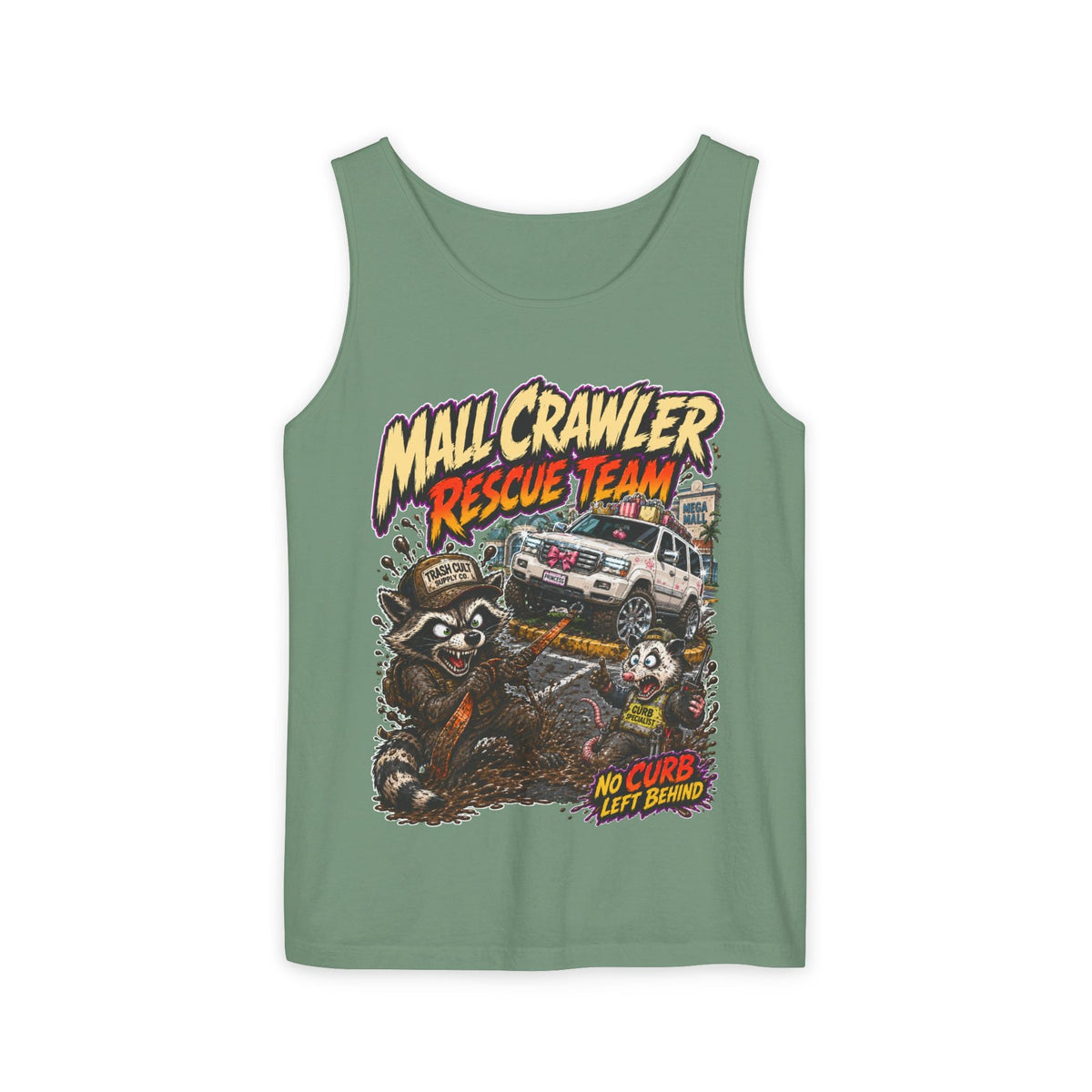 Mall Crawler Rescue Team Tank Top – Funny Raccoon Off-Road Graphic Tank