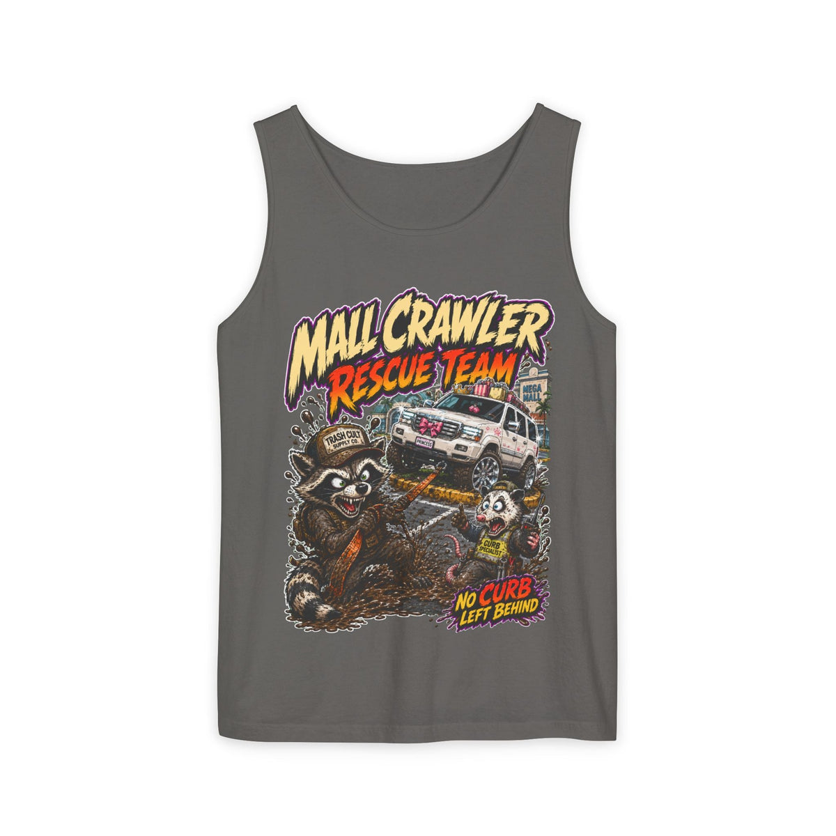 Mall Crawler Rescue Team Tank Top – Funny Raccoon Off-Road Graphic Tank