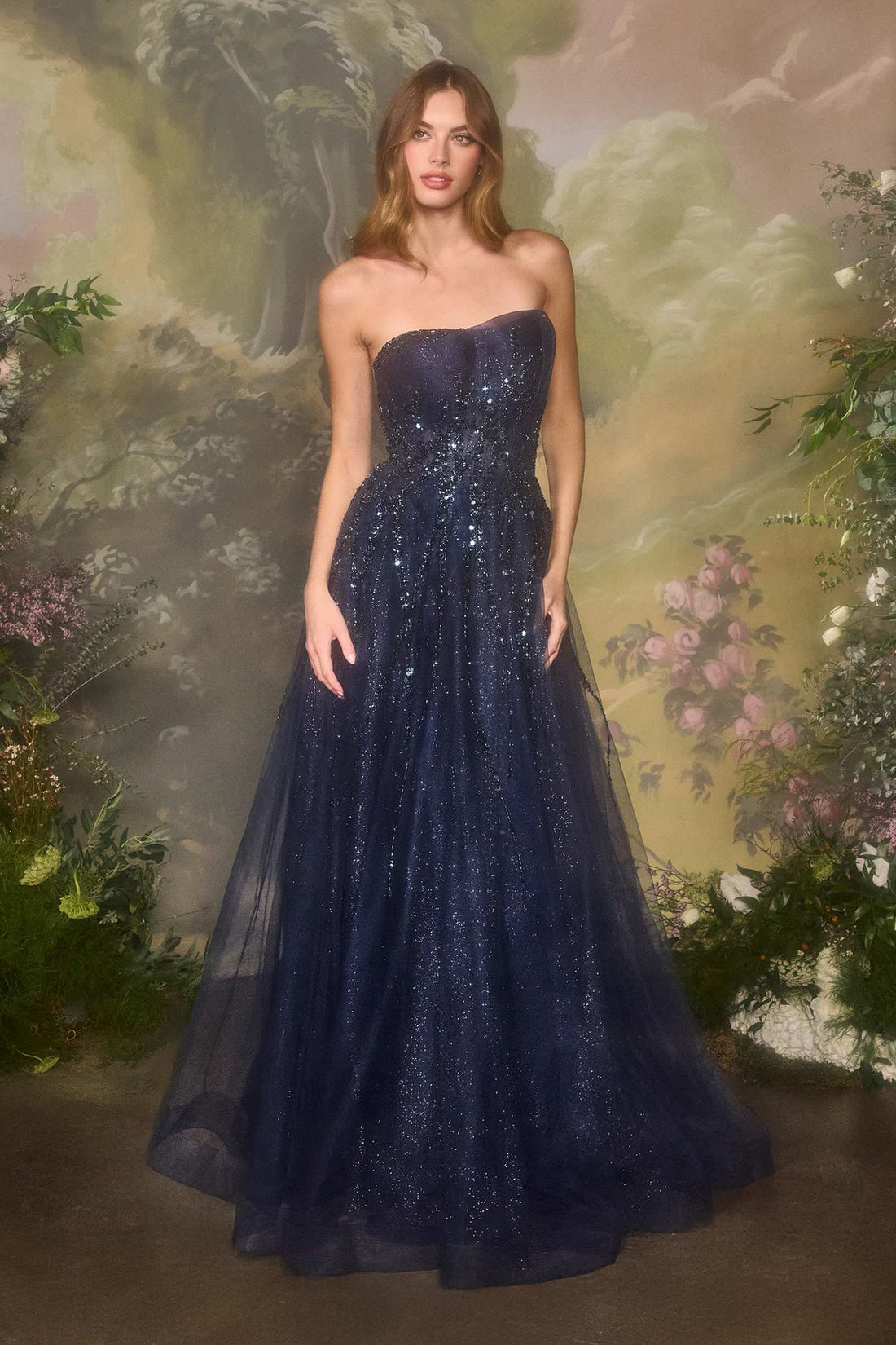 Andrea &amp; Leo A1491 Boned Asymmetrical Sequin Bodice A-Line Formal Dress