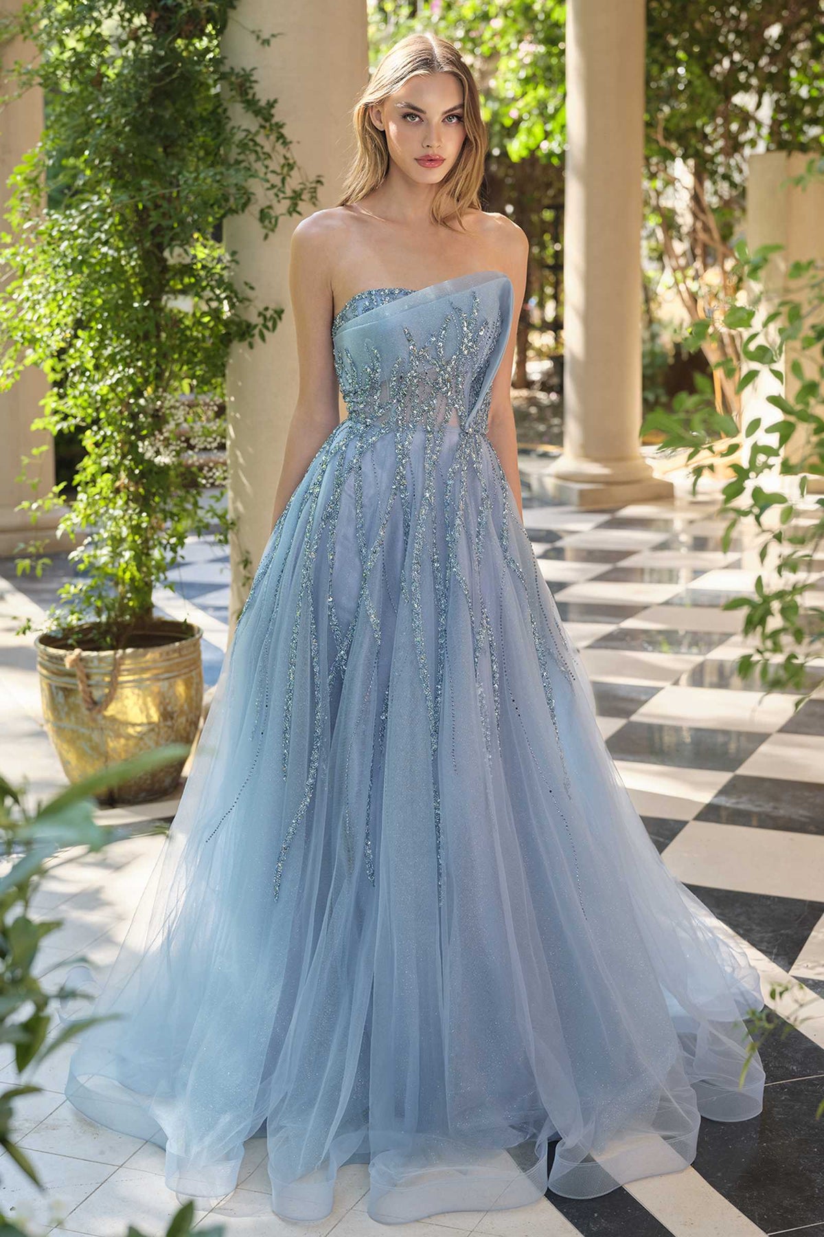 Andrea &amp; Leo A1491 Boned Asymmetrical Sequin Bodice A-Line Formal Dress