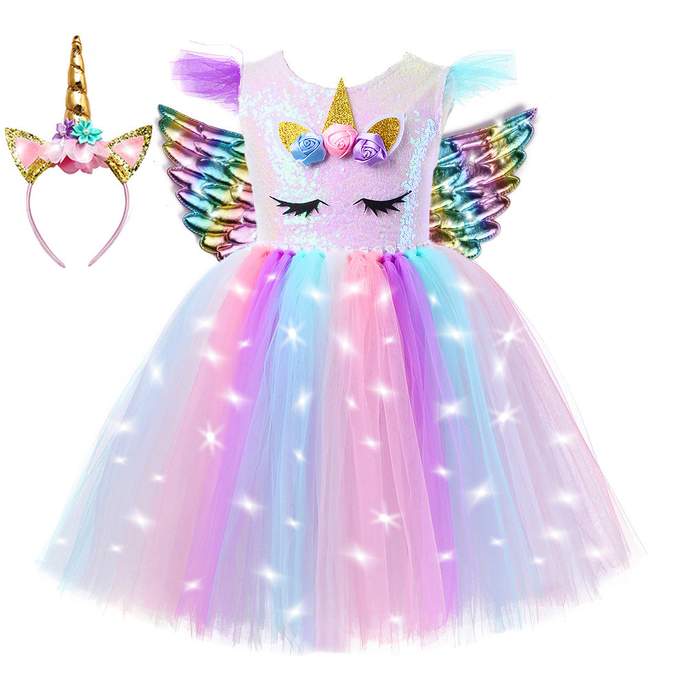 Unicorn Light-Up Princess Dress for Girls, Tulle Party Dress, Stage Costume, Frozen-Themed Outfit