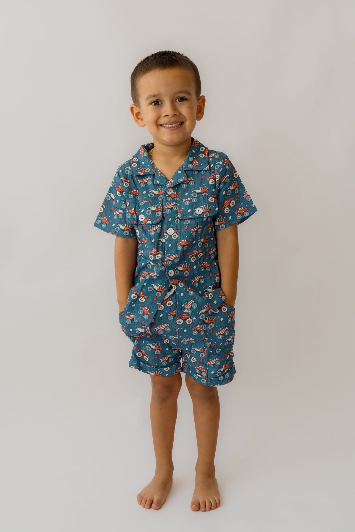 Fireworks &amp; Trucks Muslin Button Up + Short Set