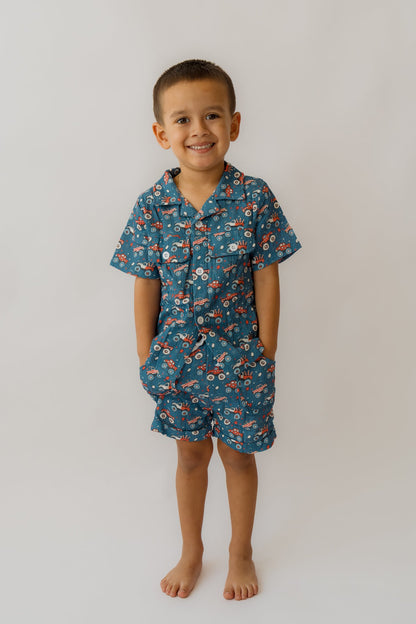 Fireworks &amp; Trucks Muslin Button Up + Short Set