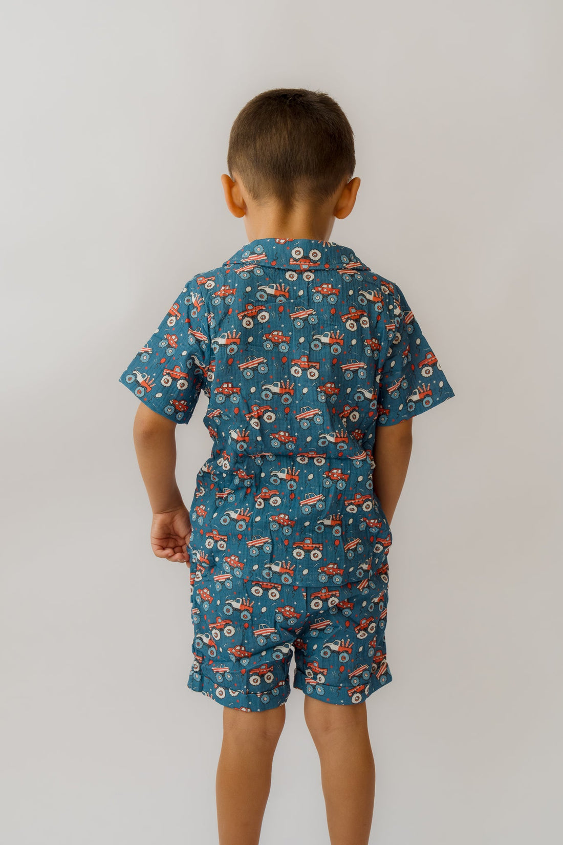 Fireworks &amp; Trucks Muslin Button Up + Short Set