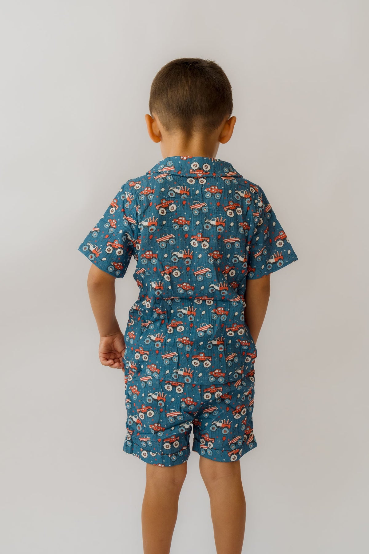 Fireworks &amp; Trucks Muslin Button Up + Short Set