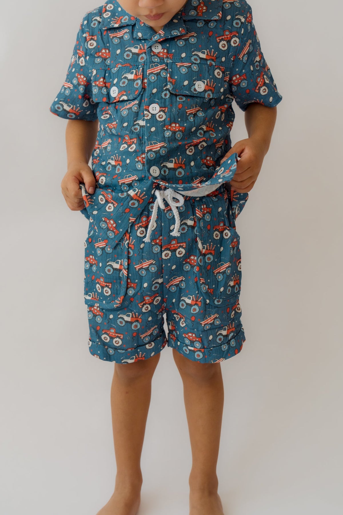 Fireworks &amp; Trucks Muslin Button Up + Short Set