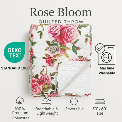 DaDa Bedding Romantic Roses Floral Throw Blanket - Lovely Spring Pink &amp; White Scalloped Colorful Lightweight Breathable - Bright Vibrant Quilted Throw Blanket - 50 x 60