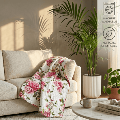 DaDa Bedding Romantic Roses Floral Throw Blanket - Lovely Spring Pink &amp; White Scalloped Colorful Lightweight Breathable - Bright Vibrant Quilted Throw Blanket - 50 x 60