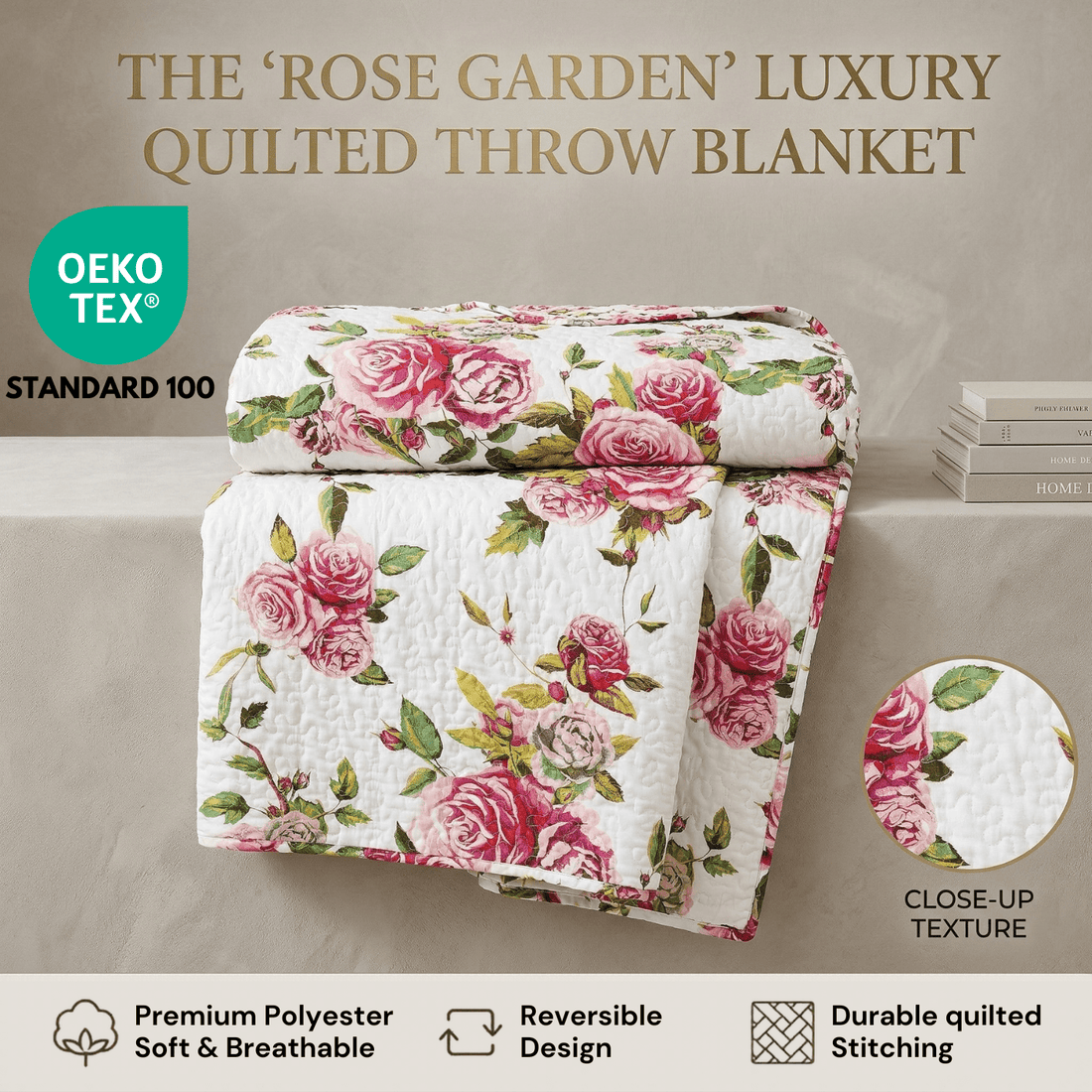 DaDa Bedding Romantic Roses Floral Throw Blanket - Lovely Spring Pink &amp; White Scalloped Colorful Lightweight Breathable - Bright Vibrant Quilted Throw Blanket - 50 x 60