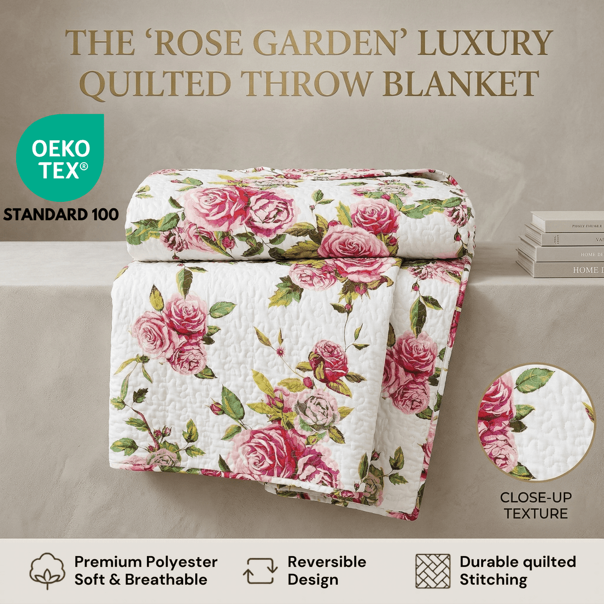 DaDa Bedding Romantic Roses Floral Throw Blanket - Lovely Spring Pink &amp; White Scalloped Colorful Lightweight Breathable - Bright Vibrant Quilted Throw Blanket - 50 x 60