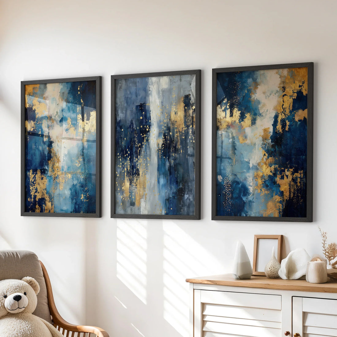 Elegant Navy and Gold Art Set of 3. Contemporary Abstract Prints
