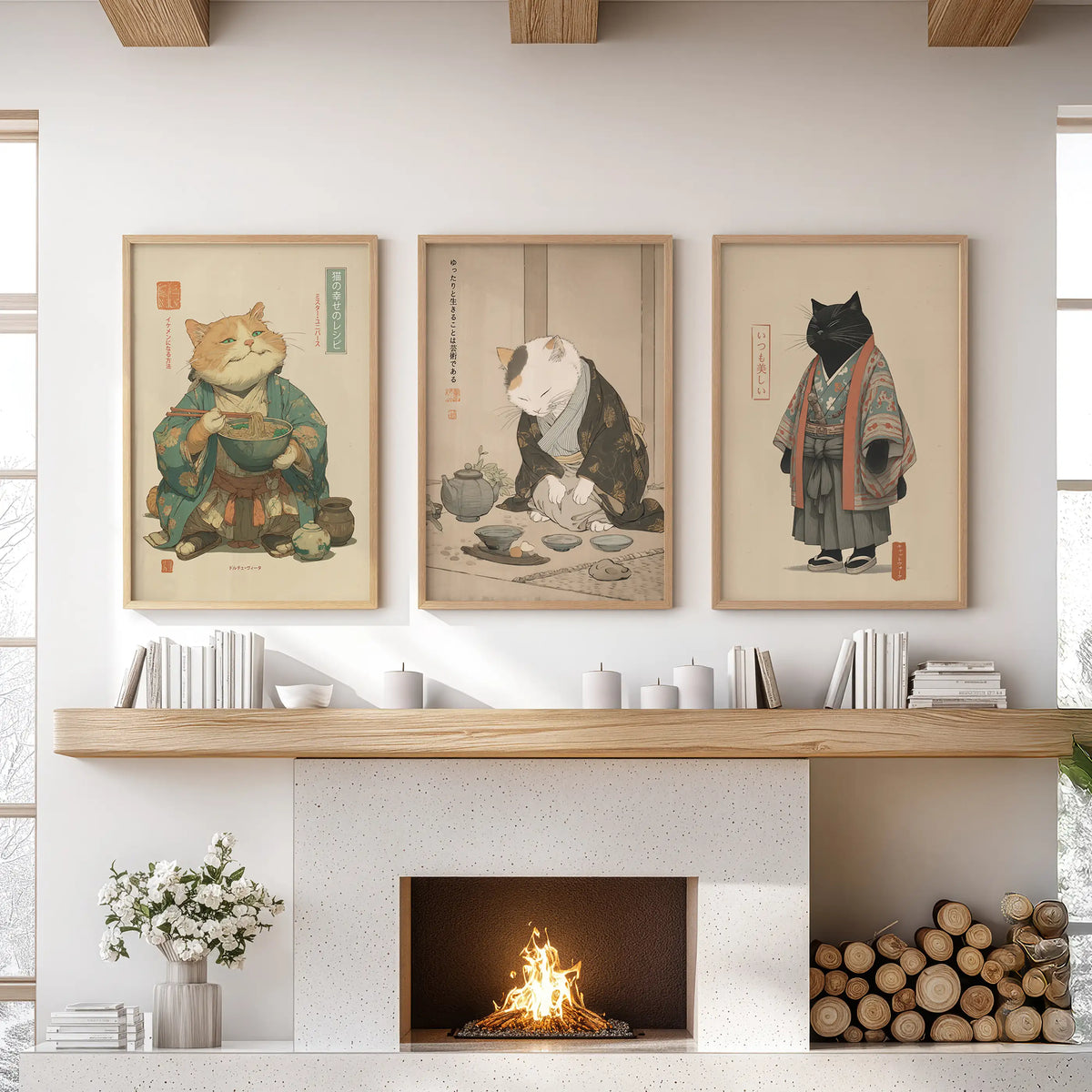 Japanese Ukiyo-e Style Cat Wall Art Set of 3. Tea Ceremony