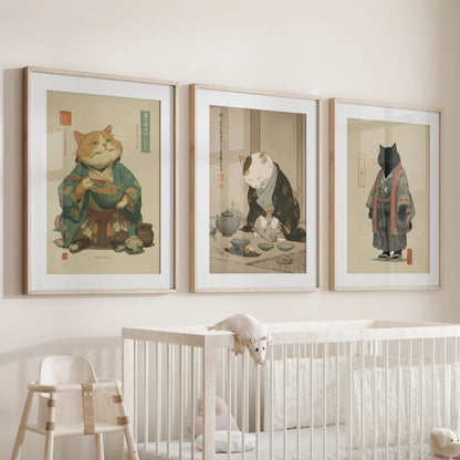Japanese Ukiyo-e Style Cat Wall Art Set of 3. Tea Ceremony