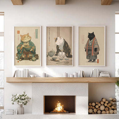 Japanese Ukiyo-e Style Cat Wall Art Set of 3. Tea Ceremony