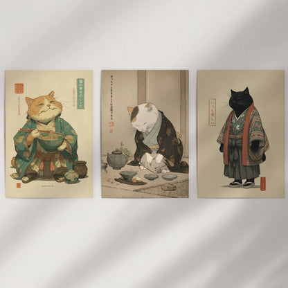 Japanese Ukiyo-e Style Cat Wall Art Set of 3. Tea Ceremony