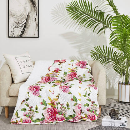 DaDa Bedding Romantic Roses Floral Throw Blanket - Lovely Spring Pink &amp; White Scalloped Colorful Lightweight Breathable - Bright Vibrant Quilted Throw Blanket - 50 x 60