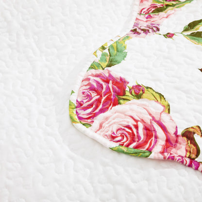 DaDa Bedding Romantic Roses Floral Throw Blanket - Lovely Spring Pink &amp; White Scalloped Colorful Lightweight Breathable - Bright Vibrant Quilted Throw Blanket - 50 x 60