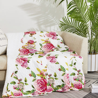 DaDa Bedding Romantic Roses Floral Throw Blanket - Lovely Spring Pink &amp; White Scalloped Colorful Lightweight Breathable - Bright Vibrant Quilted Throw Blanket - 50 x 60