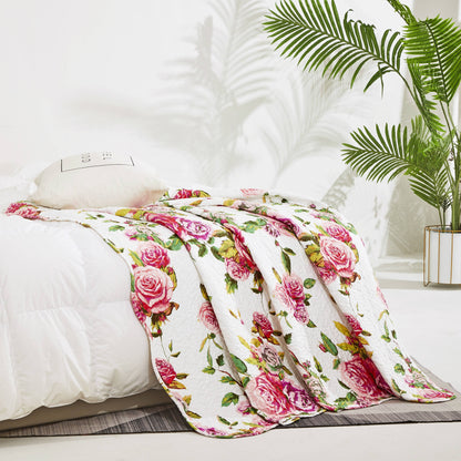 DaDa Bedding Romantic Roses Floral Throw Blanket - Lovely Spring Pink &amp; White Scalloped Colorful Lightweight Breathable - Bright Vibrant Quilted Throw Blanket - 50 x 60
