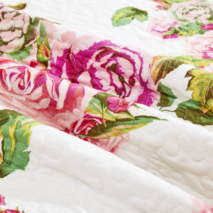 DaDa Bedding Romantic Roses Floral Throw Blanket - Lovely Spring Pink &amp; White Scalloped Colorful Lightweight Breathable - Bright Vibrant Quilted Throw Blanket - 50 x 60